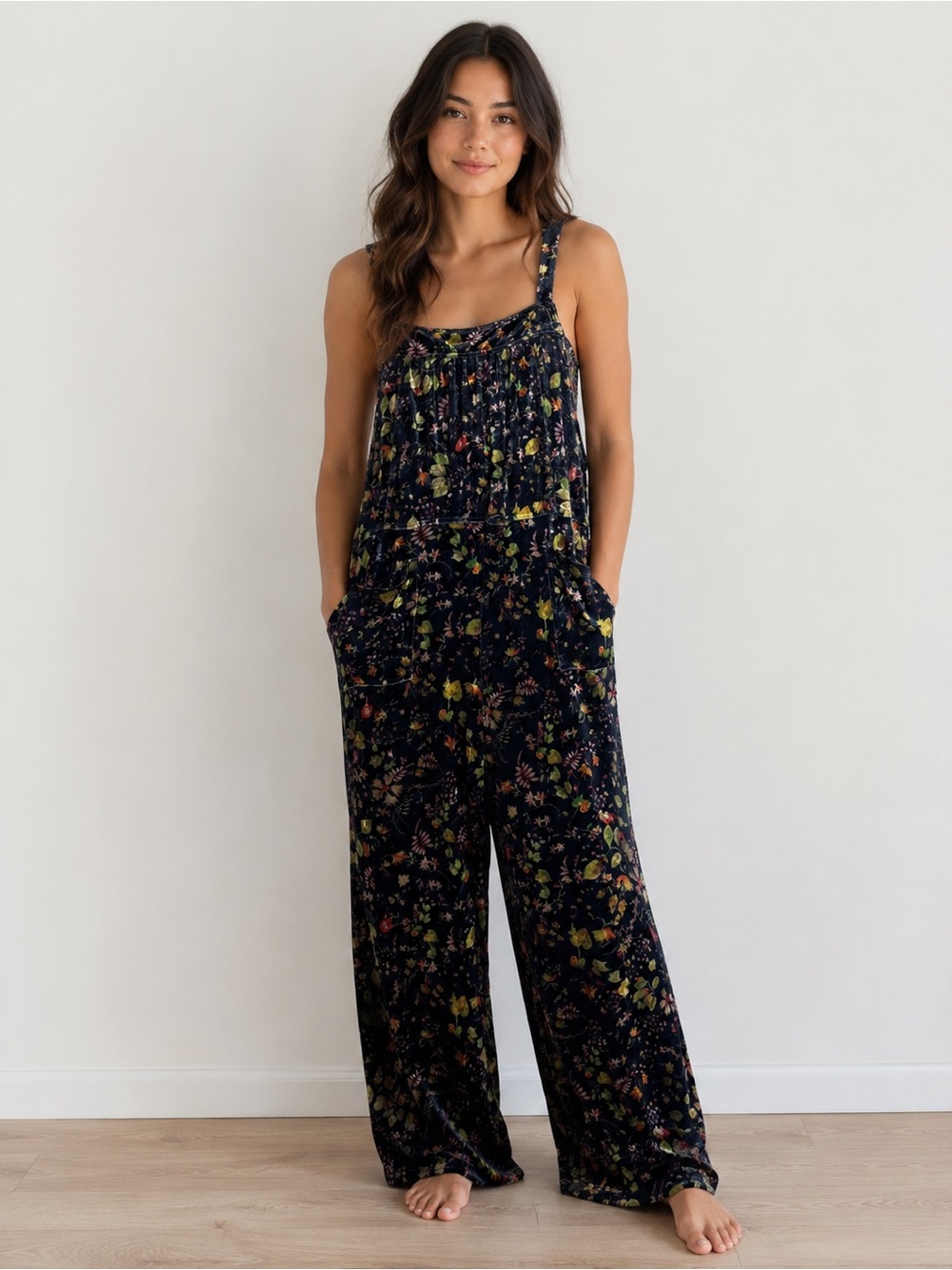 Natural Life Dakota Baggy Black Velvet Floral Overall Jumpsuit Women’s XXL Boho